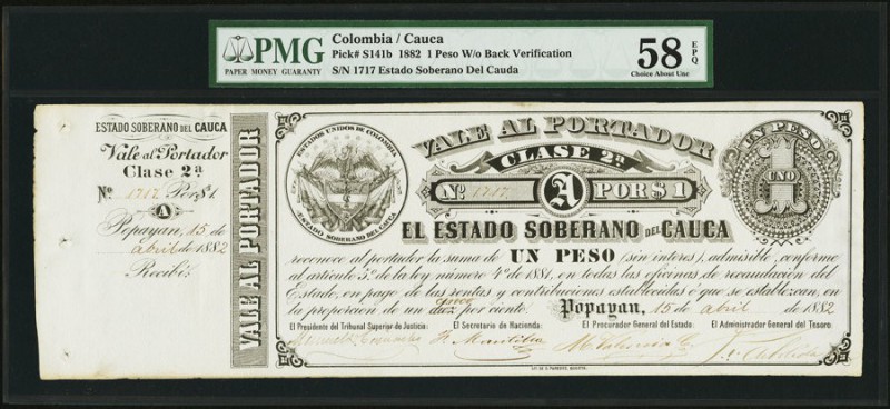 Colombia Estado Soberano del Cauca 1 Peso 15.4.1882 Pick S141b PMG Choice About ...