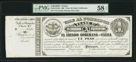 Colombia Estado Soberano del Cauca 1 Peso 15.4.1882 Pick S141b PMG Choice About Unc 58 EPQ. A wonderful hand-signed example without the back verificat...