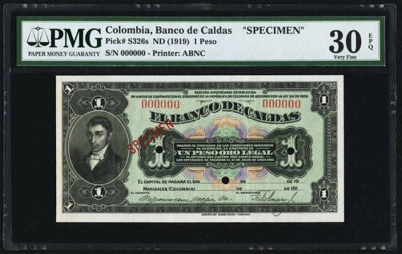 Colombia Banco de Caldas 1 Peso ND (1919) Pick S326s Specimen PMG Very Fine 30 E...