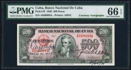 Cuba Banco Nacional de Cuba 500 Pesos 1950 Pick 83 Courtesy Autographs PMG Gem Uncirculated 66 EPQ. Autographed in exile by both Felipe Pazos Roque, P...