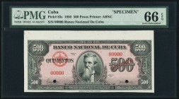 Cuba Banco Nacional de Cuba 500 Pesos 1950 Pick 83s Specimen PMG Gem Uncirculated 66 EPQ. A handsome example of this larger format working Specimen, c...