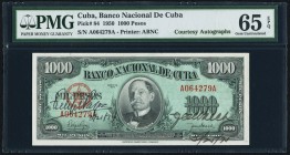 Cuba Banco Nacional de Cuba 1000 Pesos 1950 Pick 84 Courtesy Autographs PMG Gem Uncirculated 65 EPQ. Autographed in exile by both Felipe Pazos Roque, ...