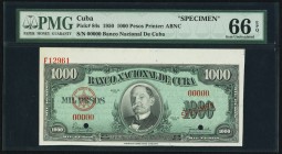 Cuba Banco Nacional de Cuba 1000 Pesos 1950 Pick 84s Specimen PMG Gem Uncirculated 66 EPQ. Bettered by only one example in the PMG Population Report a...