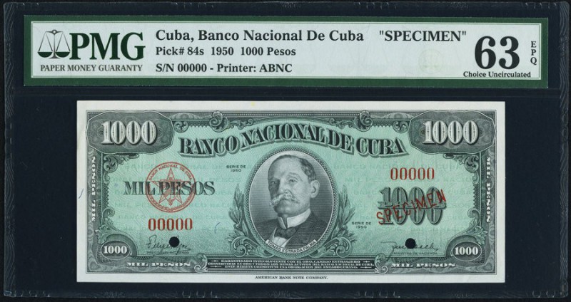 Cuba Banco Nacional de Cuba 1000 Pesos 1950 Pick 84s Specimen PMG Choice Uncircu...