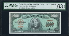 Cuba Banco Nacional de Cuba 1000 Pesos 1950 Pick 84s Specimen PMG Choice Uncirculated 63 EPQ. Completely original and pleasing in this grade. Now scar...