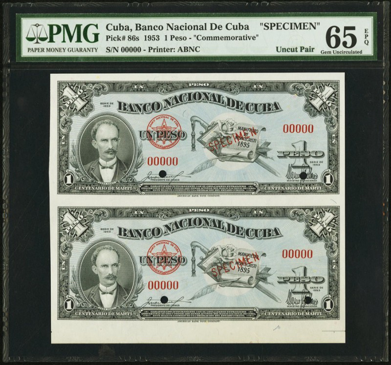 Cuba Banco Nacional de Cuba 1 Peso 1953 Pick 86s Commemorative Specimen Uncut Pa...