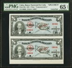 Cuba Banco Nacional de Cuba 1 Peso 1953 Pick 86s Commemorative Specimen Uncut Pair PMG Gem Uncirculated 65 EPQ. An uncut Specimen pair which commemora...