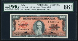 Cuba Banco Nacional de Cuba 100 Pesos 1960 Pick 93s2 Specimen PMG Gem Uncirculated 66 EPQ. A high graded E000000A serial number example with the red M...
