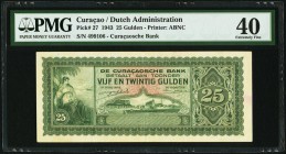 Curacao De Curacaosche Bank 25 Gulden 1943 Pick 27 PMG Extremely Fine 40. A handsome example of this rare, WWII issue, printed by the American Banknot...