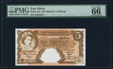 East Africa Currency Board 5 Shillings ND (1962-63) Pick 41b PMG Gem Uncirculated 66 EPQ. A handsome original example, and desirable in the best grade...
