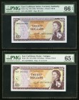East Caribbean States Currency Authority 20 Dollars ND (1965) Two Examples. Pick 15g PMG Gem Uncirculated 66 EPQ; Antigua Pick 15h PMG Gem Uncirculate...