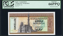 Egypt Central Bank of Egypt 1 Pound ND (1967-78) Pick 44s Specimen PCGS Gem New 66PPQ. A clean and handsome example of this scarcer Specimen type. Bol...