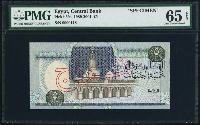 Egypt Central Bank of Egypt 5 Pounds 1989-2001 Pick 59s Specimen PMG Gem Uncircu...