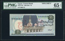 Egypt Central Bank of Egypt 5 Pounds 1989-2001 Pick 59s Specimen PMG Gem Uncirculated 65 EPQ. An appealing example of this modern Egyptian note that i...