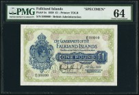 Falkland Islands Government of the Falkland Islands 1 Pound 19.5.1938 Pick 5s Specimen PMG Choice Uncirculated 64. A nicely preserved Specimen with th...