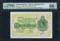 Falkland Islands Government of the Falkland Islands 10 Pounds 15.6.1982 Pick 11c Serial Number 74 PMG Gem Uncirculated 66 EPQ. A beautiful, low serial...