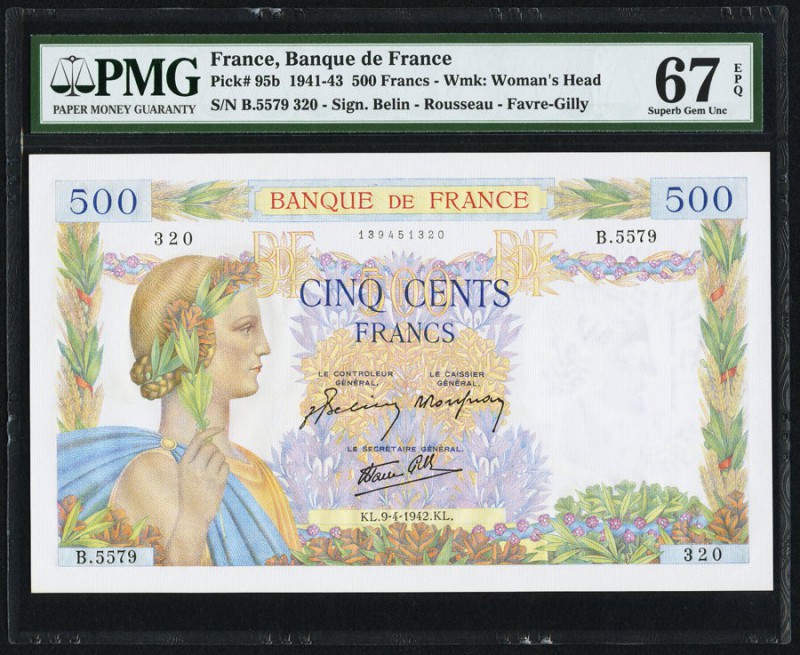 France Banque de France 500 Francs 9.4.1942 Pick 95b PMG Superb Gem Unc 67 EPQ. ...