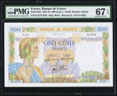 France Banque de France 500 Francs 9.4.1942 Pick 95b PMG Superb Gem Unc 67 EPQ. A wonderful high grade example for a large sized note. Vibrant colors ...