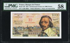 France Banque de France 10 Nouveaux Francs on 1000 Francs ND (c.1958-59) Old Date 7.3.1957 Pick 138 PMG Choice About Unc 58. A handsome and only light...
