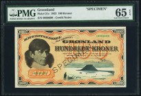 Greenland Credit Note 100 Kroner 16.1.1953 Pick 21s Specimen PMG Gem Uncirculated 65 EPQ. A Specimen note with loads of eye appeal due to the attracti...