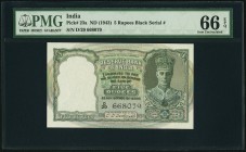 India Reserve Bank of India 5 Rupees ND (1943) Pick 23a PMG Gem Uncirculated 66 EPQ. Far scarcer than the previous 5 Rupees issue, and quite desirable...