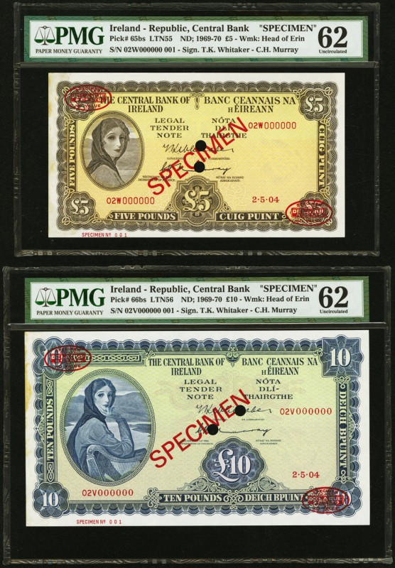 Ireland Central Bank of Ireland 5; 10 Pounds 1969-70 Pick 65bs; 66bs Specimens P...