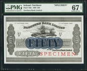 Ireland Northern Bank Limited 50 Pounds 1.10.1968 Pick 185s Specimen PMG Superb Gem Unc 67 EPQ. A lofty graded example with bold inks and bright paper...