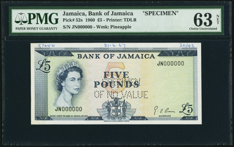 Jamaica Bank of Jamaica 5 Pounds L. 1960 Pick 52s Specimen PMG Choice Uncirculat...