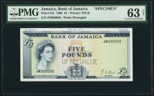 Jamaica Bank of Jamaica 5 Pounds L. 1960 Pick 52s Specimen PMG Choice Uncirculated 63 Net. A nicely margined and well embossed example of this Jamaica...