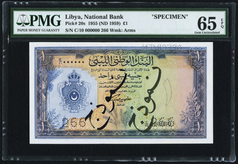 Libya National Bank of Libya 1 Pound 1955 (ND 1959) Pick 20s Specimen PMG Gem Un...