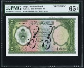 Libya National Bank of Libya 5 Pounds 1955 (ND 1958) Pick 21s Specimen PMG Gem Uncirculated 65 EPQ. A beautiful Specimen, complete with a perforated "...