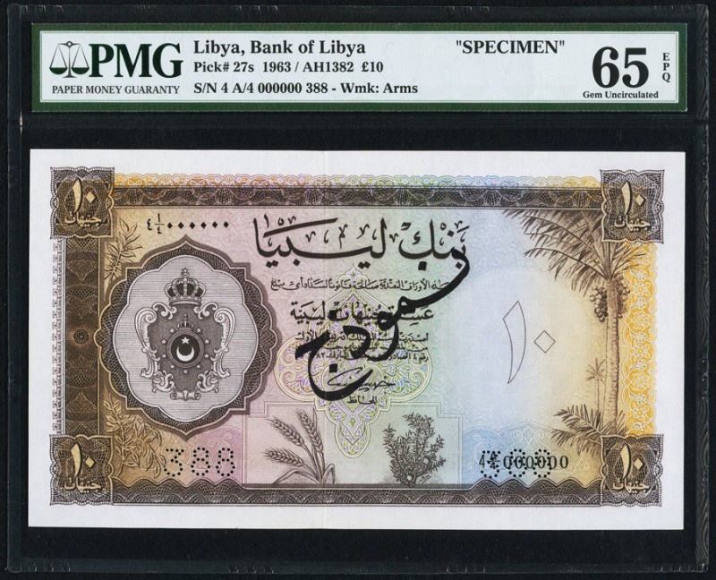Libya Bank of Libya 10 Pounds 1963 Pick 27s Specimen PMG Gem Uncirculated 65 EPQ...