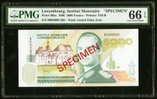 Luxembourg Institut Monetaire 5000 Francs 10.1996 Pick 60bs Specimen PMG Gem Uncirculated 66 EPQ. A lovely Specimen example of the largest denominatio...