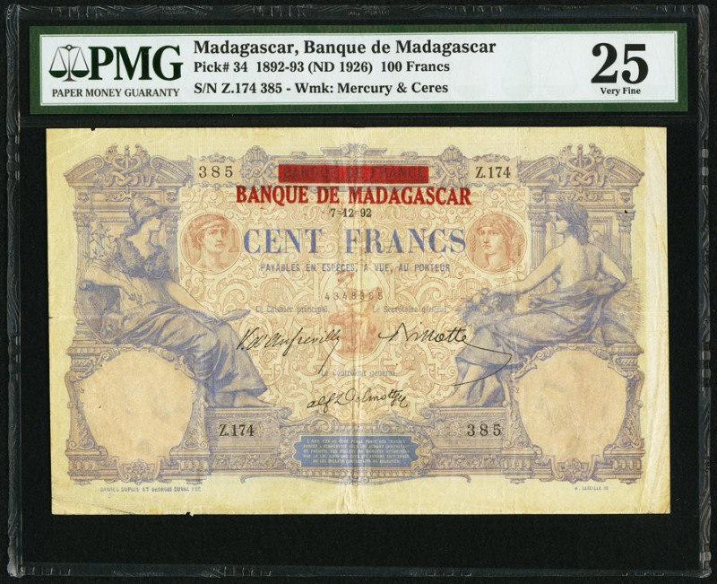 Madagascar Banque de Madagascar 100 Francs 7.12.1892 Pick 34 PMG Very Fine 25. A...