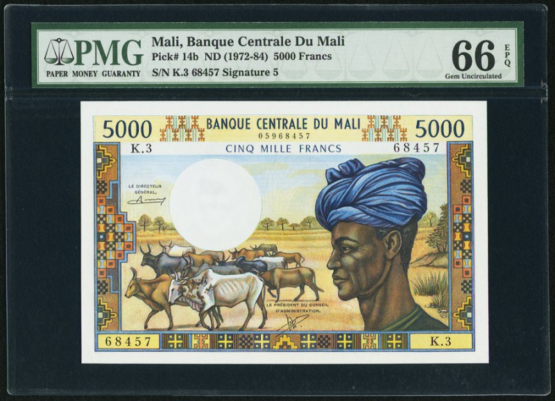 Mali Banque Centrale du Mali 5000 Francs ND (1974-82) Pick 14b PMG Gem Uncircula...