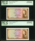 Malta Government of Malta One Pound L. 1949 (1963) Pick 26a Two Consecutive Examples PCGS Superb Gem New 67PPQ (2). Broad margins encircle this well p...