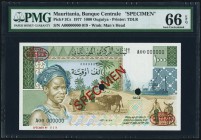 Mauritania Banque Centrale de Mauritanie 1000 Ouguiya Pick 3Cs Specimen PMG Gem Uncirculated 66 EPQ. A beautiful Specimen of an unissued type. Two hol...