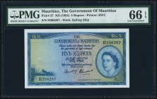 Mauritius Government of Mauritius 5 Rupees ND (1954) Pick 27 PMG Gem Uncirculated 66 EPQ. A beautiful and original example, and rare in this elite gra...