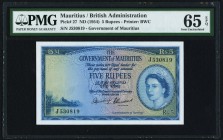 Mauritius Government of Mauritius 5 Rupees ND (1954) Pick 27 PMG Gem Uncirculated 65 EPQ. A pleasing example with well blended blue and green inks on ...