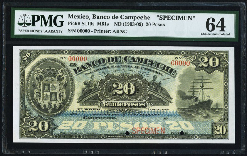 Mexico Banco de Campeche 20 Pesos ND (1903-09) Pick S110s Specimen PMG Choice Un...
