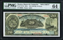 Mexico Banco de Campeche 20 Pesos ND (1903-09) Pick S110s Specimen PMG Choice Uncirculated 64. This handsome Specimen benefits from original colors, c...