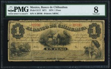 Mexico Banco de Chihuahua 1 Peso 1874 Pick S117 PMG Very Good 8. A rare, early issue, and the highest denomination of the series. Although heavily cir...