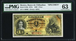 Mexico Banco de Chihuahua 1 Peso 1889 Pick S120s Specimen PMG Choice Uncirculated 63. Quite a stunning Specimen, colorful and with pleasing, intricate...