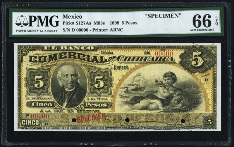 Mexico Banco Comercial de Chihuahua 5 Pesos 1898 Pick S127As Specimen PMG Gem Un...