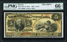 Mexico Banco Comercial de Chihuahua 5 Pesos 1898 Pick S127As Specimen PMG Gem Uncirculated 66 EPQ. A beautiful and fresh large sized Specimen, in outs...