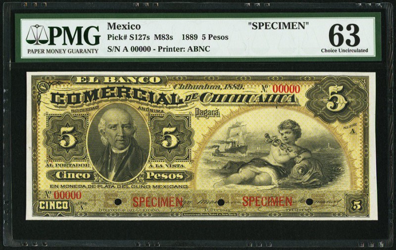 Mexico Banco Comercial de Chihuahua 5 Pesos 1889 Pick S127s Specimen PMG Choice ...