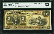 Mexico Banco Comercial de Chihuahua 5 Pesos 1889 Pick S127s Specimen PMG Choice Uncirculated 63. This is the lone example in the PMG Population Report...