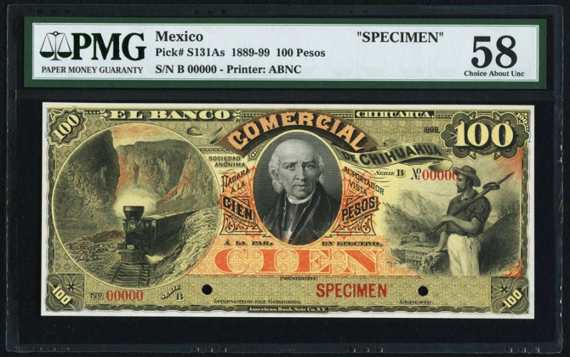 Mexico Banco Comercial de Chihuahua 100 Pesos 1898 Pick S131As Specimen PMG Choi...