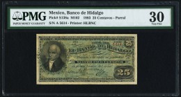 Mexico Banco de Hidalgo 25 Centavos 1883 Pick S138a PMG Very Fine 30. A handsome, small sized issue that is quite uncommon today. In fact, this note i...