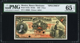 Mexico Banco Mexicano 1 Peso 1888 Pick S153s Specimen PMG Gem Uncirculated 65 EPQ. A handsome, original Specimen, complete with two hole-punched cance...